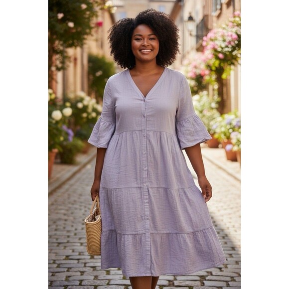 Pact Women’s Organic Cotton Dress Coastal Double Gauze Throw N Go Lilac Size XXL - Picture 5 of 12